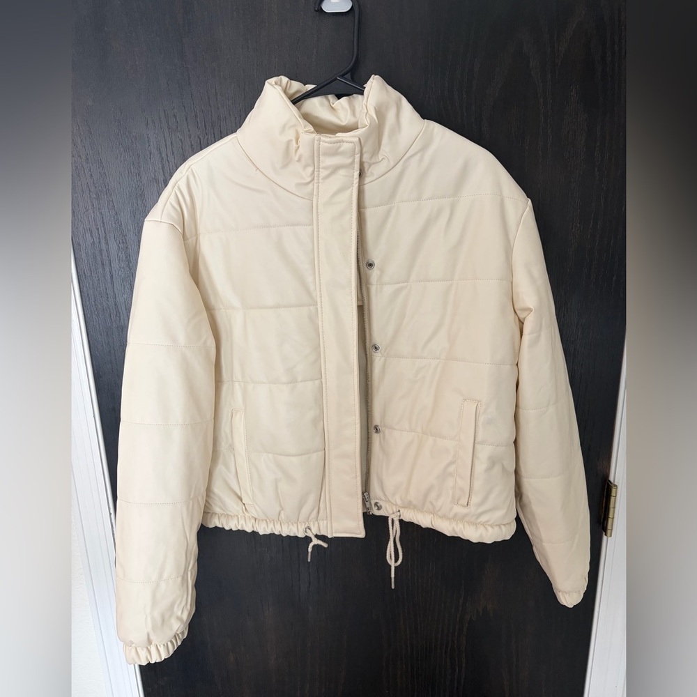 Cream Women's faux white leather Puffer Jacket